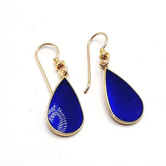 Vintage Laurel Burch "Tear" Blue Enamel Gold Plated Earrings - 1 3/8 Inches - Picture 11 of 11